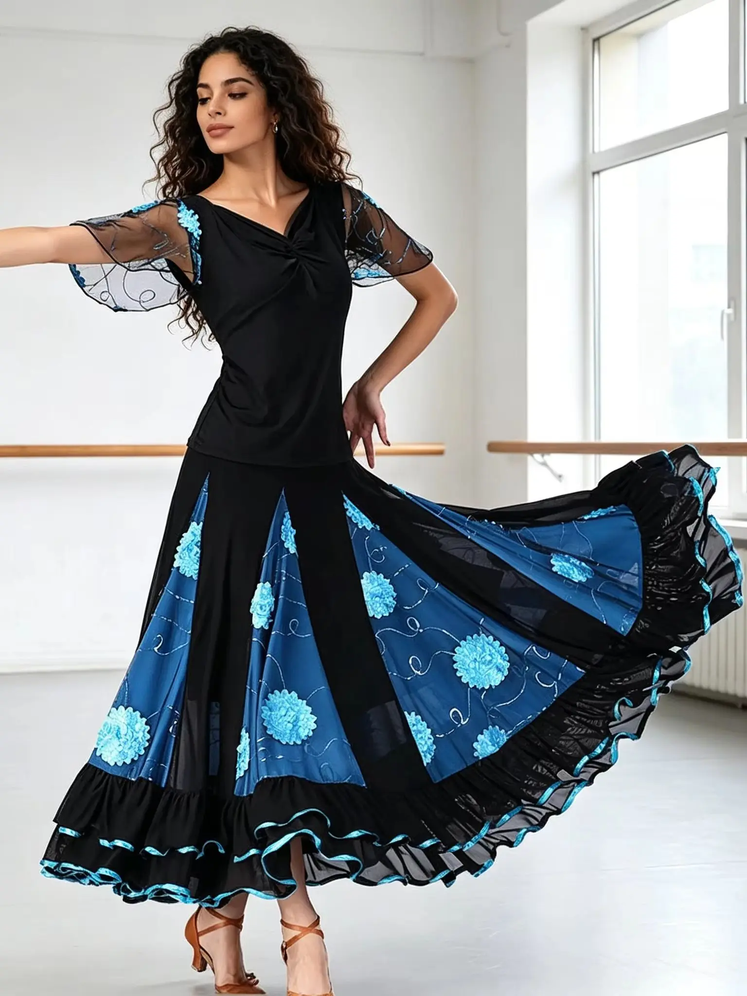 Elegante Conjunto de Danza Flamenca - 360 ° Conjunto de Top de Manga Corta y Falda Larga para Fiesta Rave, Disfraz de Actuación para Mujer