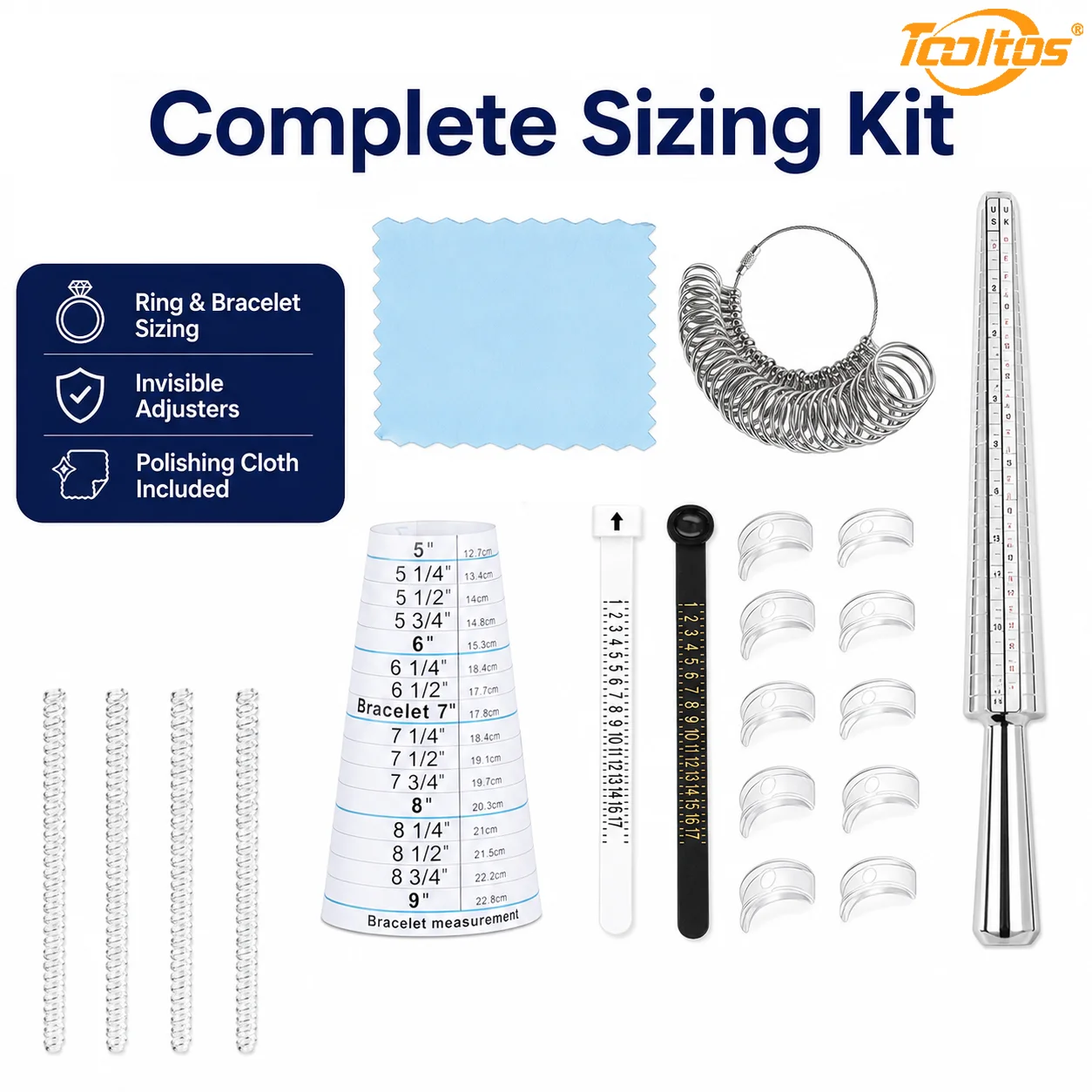 TOOLTOS Ring Sizer Measuring Repair Kit US 0-13 Ring Mandrel Gauge Belts Bracelet Ruler 8 Ring Adjusters Polishing Cloth Size Reducers