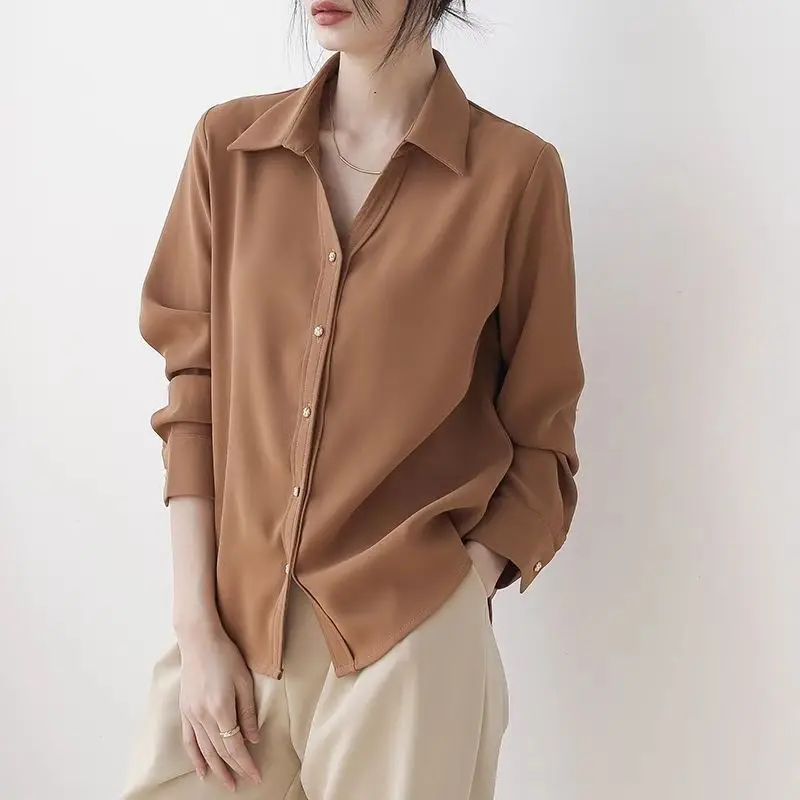 

High-Quality Chiffon Women's Yellow Shirt Spring Autumn New Fashion Elegant Long Sleeve Top