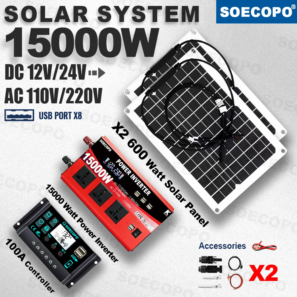 

Campground Solar Charging Hub 15000W | 2×600W Panels 100A Controller | Multi-USB & AC Inverter for Parks Greenhouse Garden Use