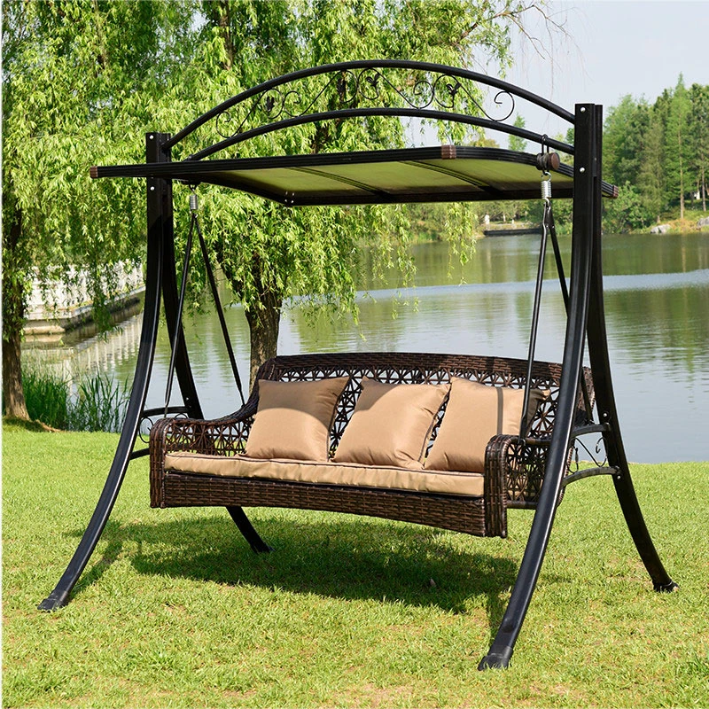 Outdoor Leisure Three-person Metal Swing Chair Garden Patio Rattan Seats Rocking Chair