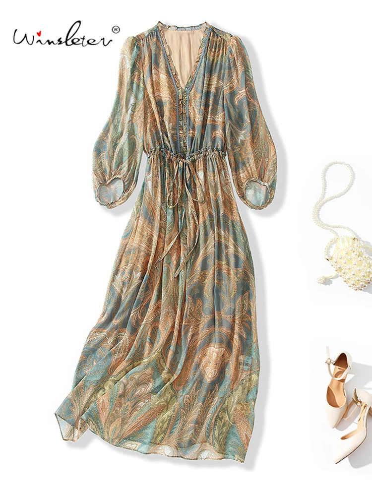 

Winsleter — женское элегантное платье из 100% натурального шелка, рукав 3/4 с V-образным вырезом и принтом, вечерние платья в богемном стиле в стиле ретро, новинка лета 2023 D57841CC
