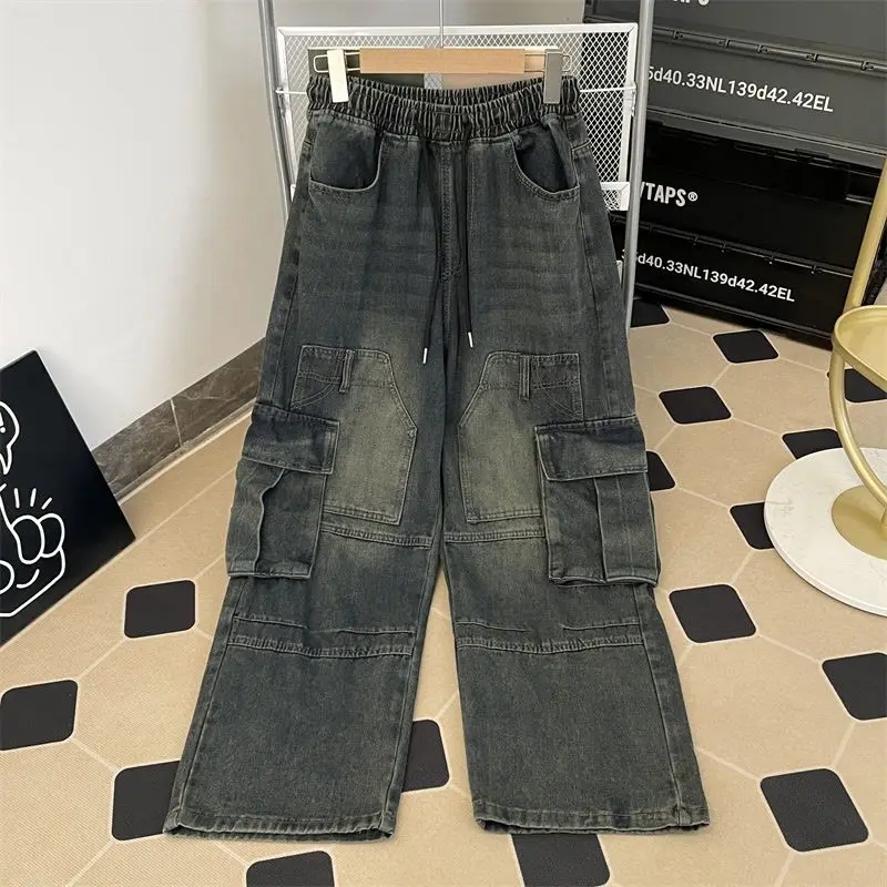 2024 New American Jeans Men and Women Trendy Retro Washed Multi Pocket workwear Loose High Street Straight Leg Casual Pants y2k