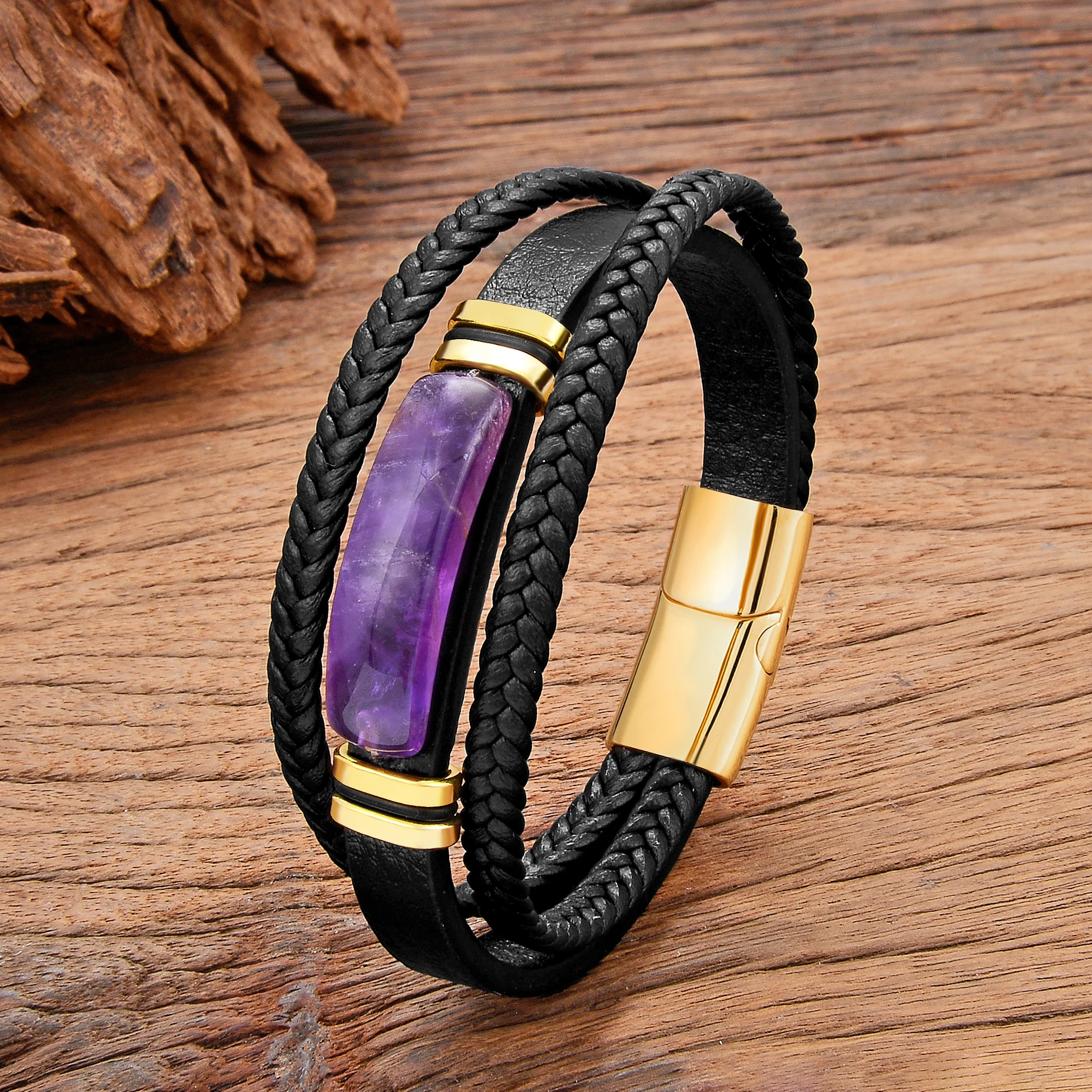 Luxury Natural Amethystine Stone Bracelets Men Women Design Crystal Bracelet Multilayer Leather Bangles Stainless Steel Jewelry