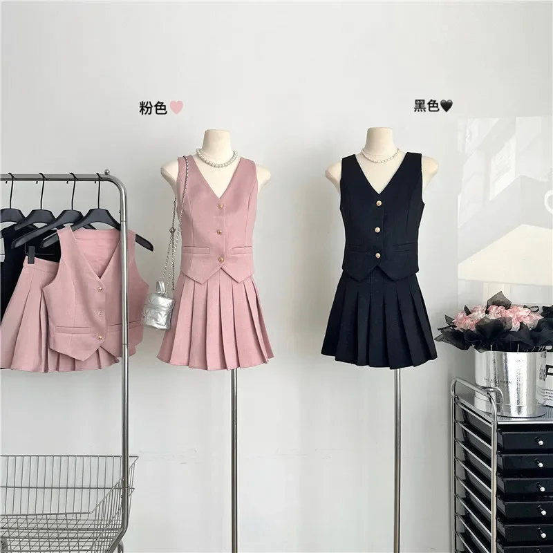 Black Pink French Summer Fashion 2 Piece Sets Women  V Neck Short Vest Tank Top&High Waist Pleated Mini Skirt Chic 2pc Suits