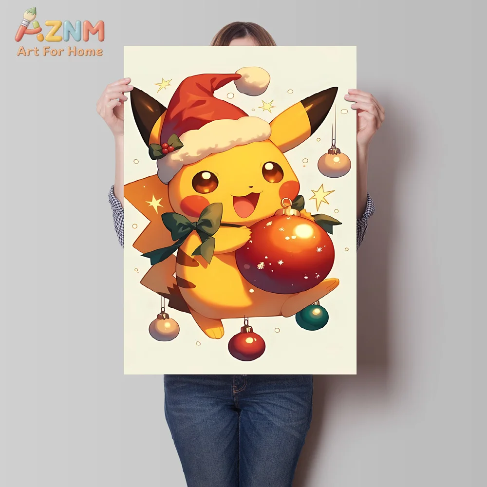 AZNM Christmas Pokemon Canvas Print Unframed Santa Pikachu Charizard Umbreon Xmas Ornament Anime Poster Kids Holiday Room Wall D
