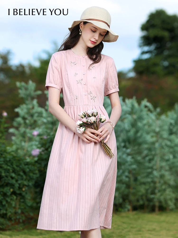 Ich glaube, Sie Frauen Kleider 2024 Sommer rosa Stickerei Kurzarm neue elegante Retro schlanke Midi A-Linie schickes Kleid 2242055682