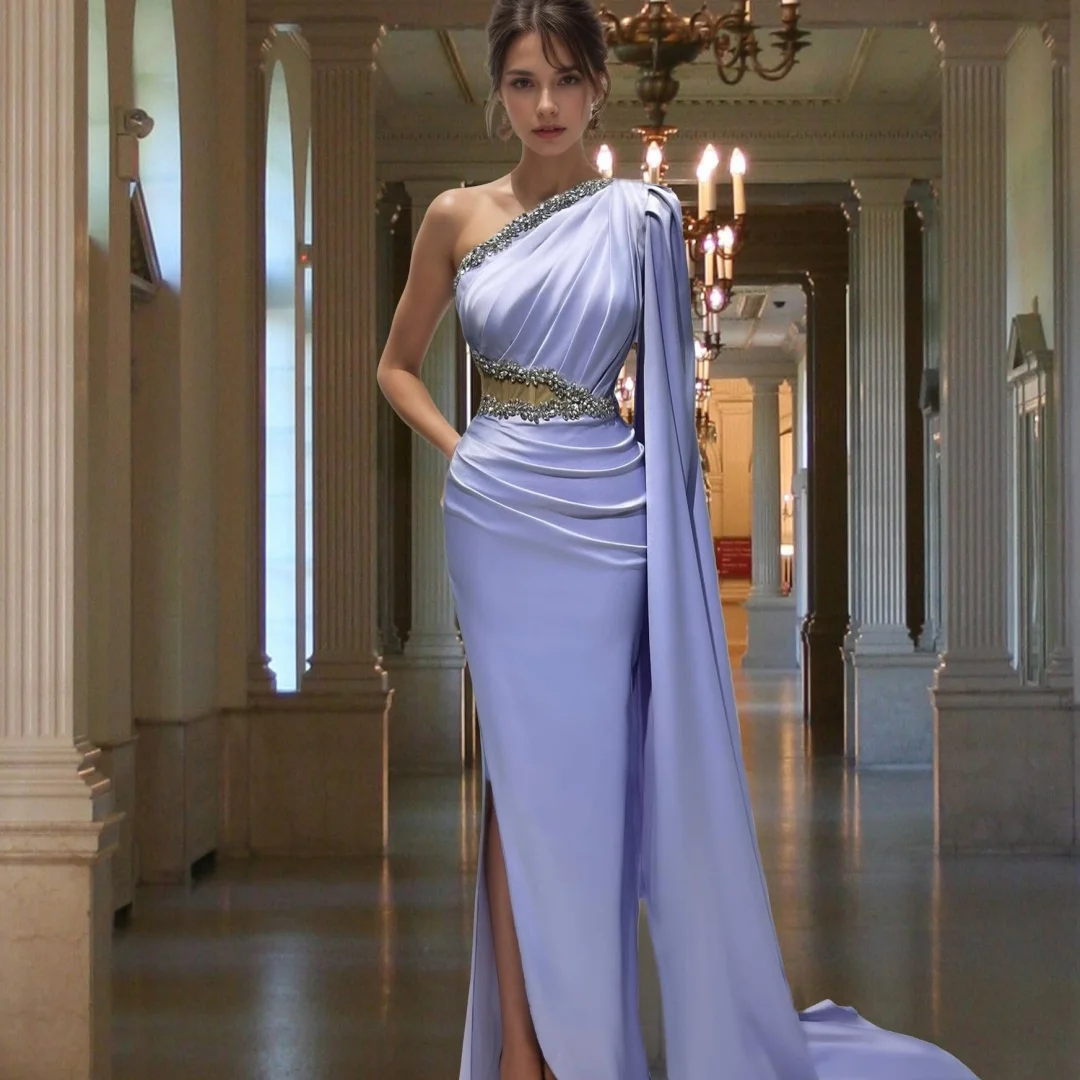 Customized Exquisite Satin Straight One Shoulder Crystal Evening Dresses Sleeveless Watteau Train Special Occasion Gow