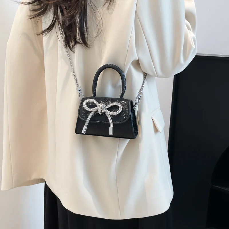 Bolso pequeño de color sólido con diseño de lazo, bolso de hombro de material PU, bandolera con tapa, cartera y bolso de cadena a la moda para mujer