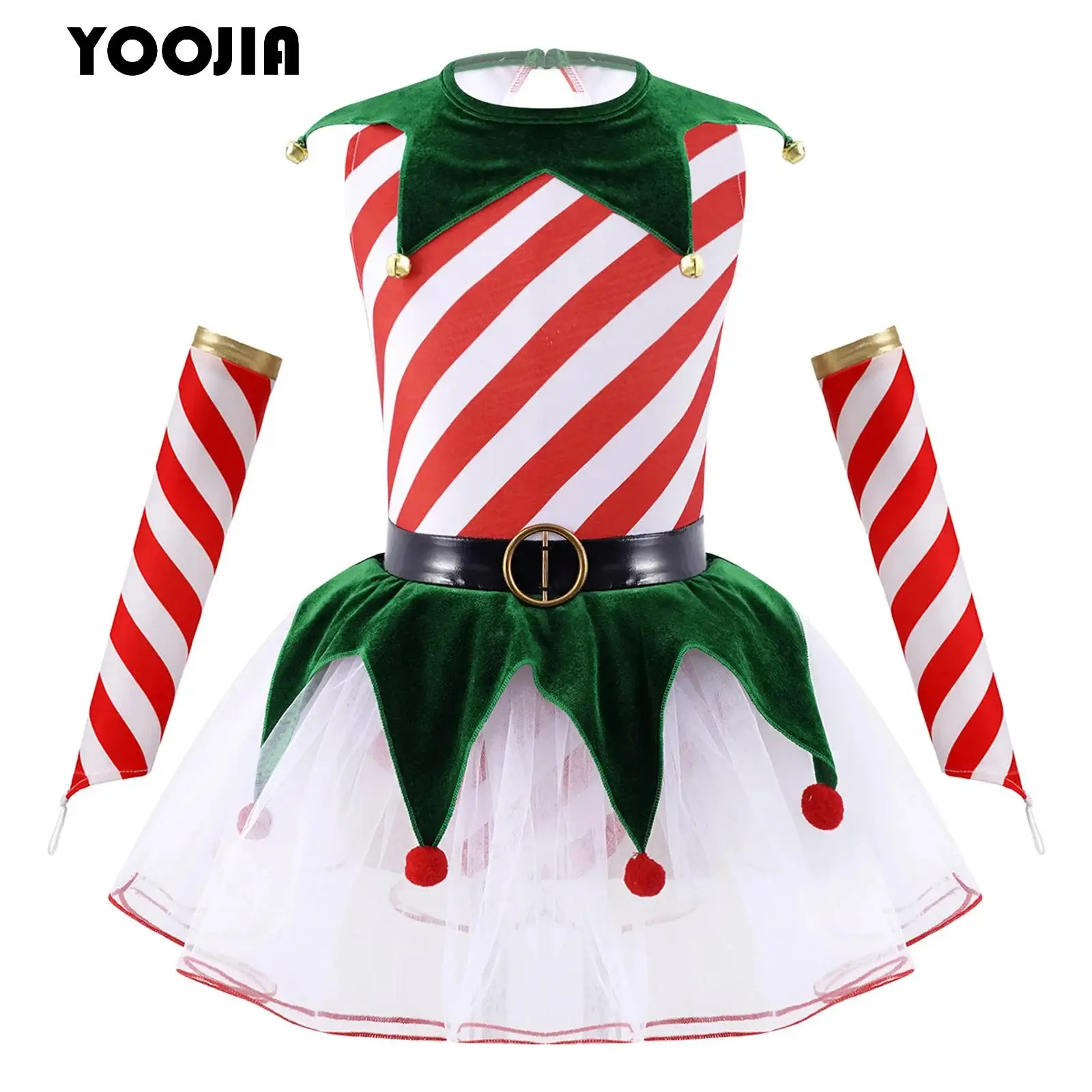 Kids Girls Ballet Dance Set Candy Cane Striped Tutu Skirt Christmas Dance Costume Artistic Figure Skating Twirling Leotard Dress