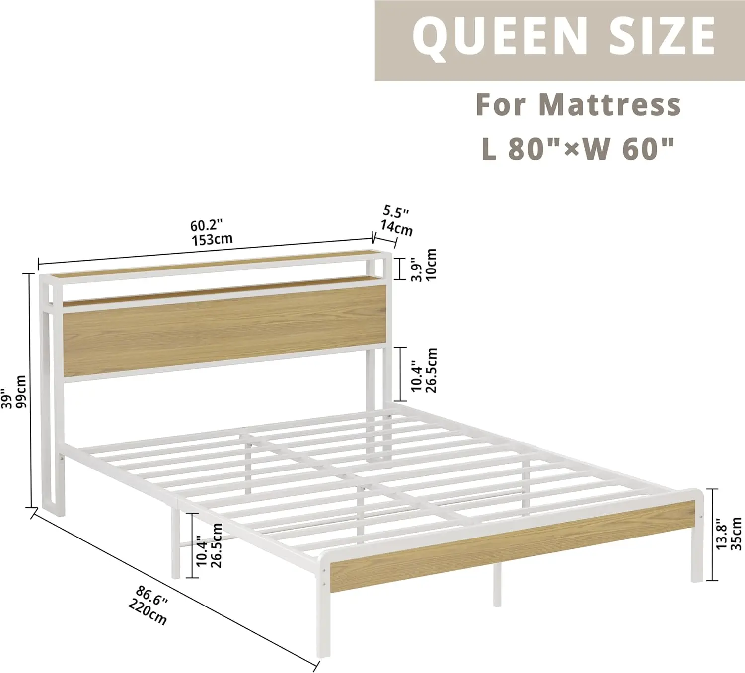 LIKIMIO Queen Bed Frame, Platform Bed Frame with 2-Tier Storage Headboard and Strong Support Legs, More Sturdy, Noise-Free