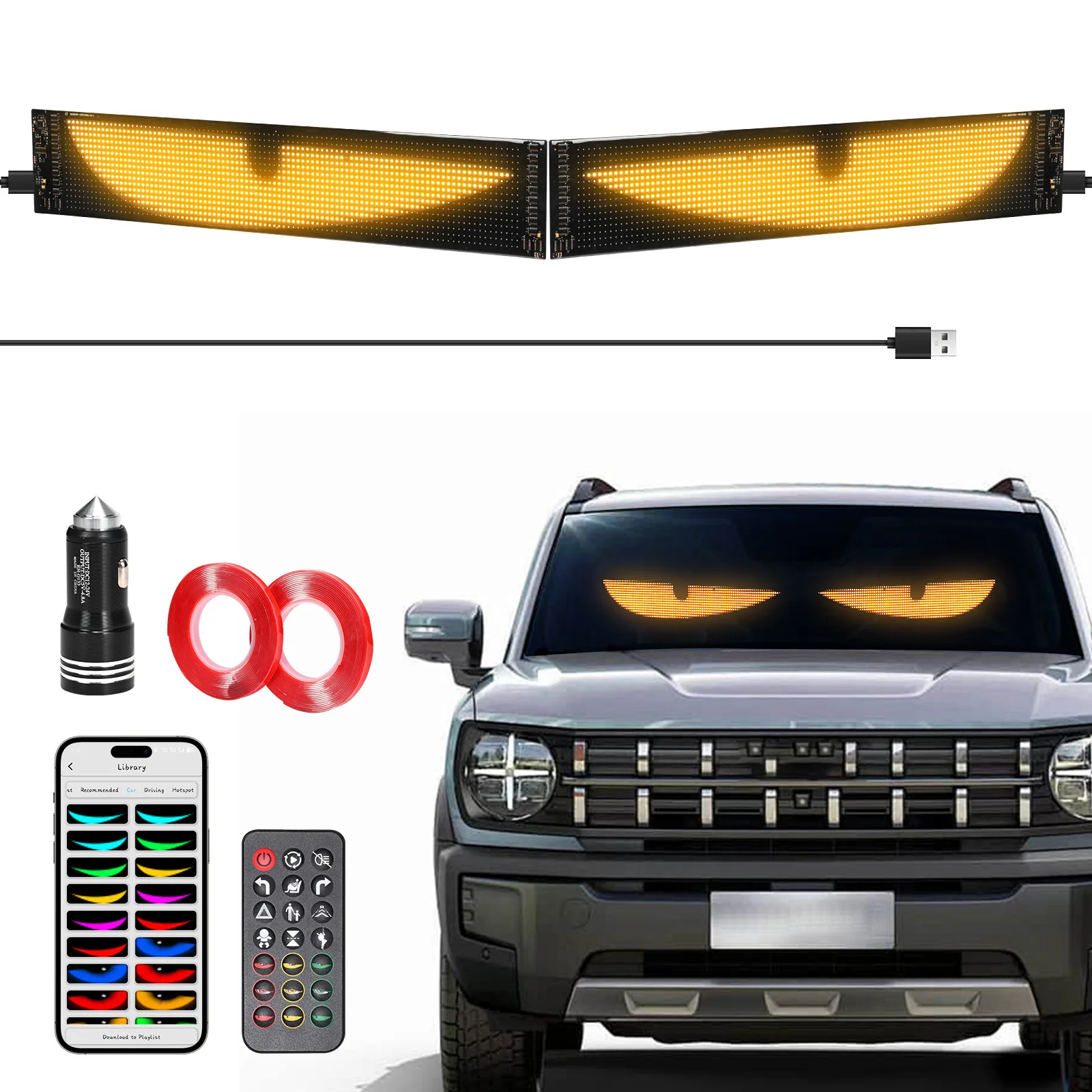 Image of 2 Stück Dynamische LED-Pixel-Panel-Leuchten mit Teufelsaugen-Effekt für LKW und PKW, APP-Steuerung, weich faltbar, scrollende Beleuchtung für Armaturenbrett und Windschutzscheibe, 12V 24V