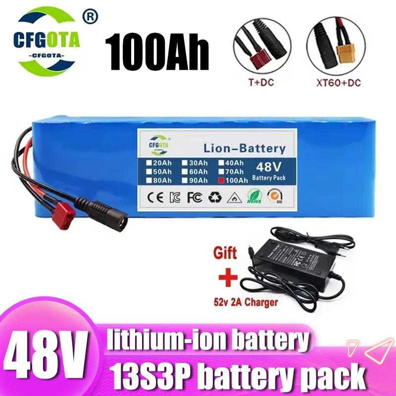 48V 100Ah 500W-2000W 13S3P lithium-ion battery pack, suitable for electric bicycles and scooters, with BMS+54.6V charger