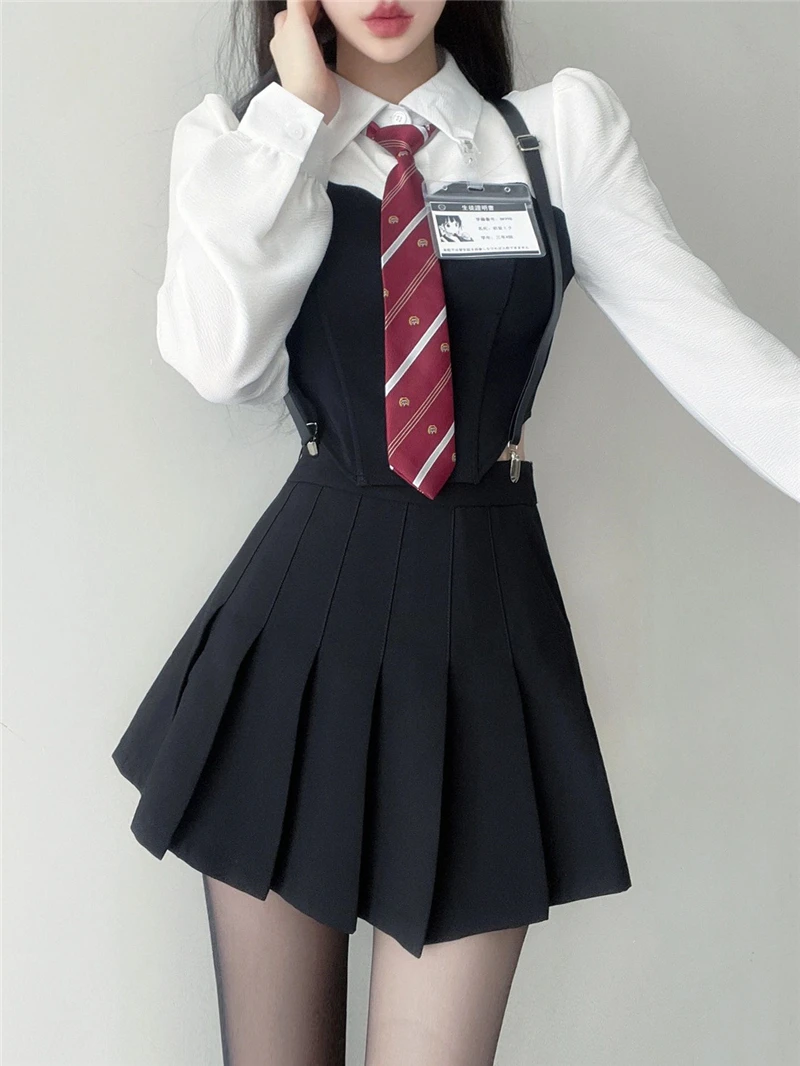 New 2024 Spring Autumn Long sleeved Academy Style American Spicy Girl JK Uniform Set with White Shirt, Black Pleated Skirt, Tie