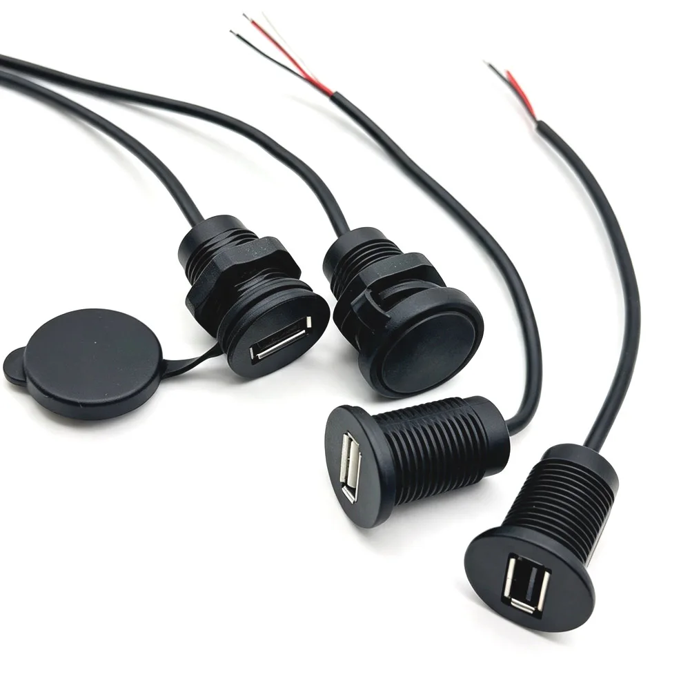 2Pin 4Pin 1.5A USB Female Port Convenient Mounting Threaded USB 2.0 Power Jack  Charging Connector With Cable USB Charger Socket