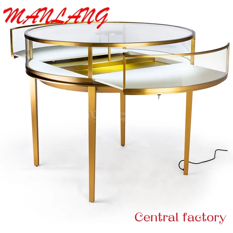 Custom  High-end paint gold jewelry store display cabinet wooden glass showcase round stainless steel jewelry counter customizat