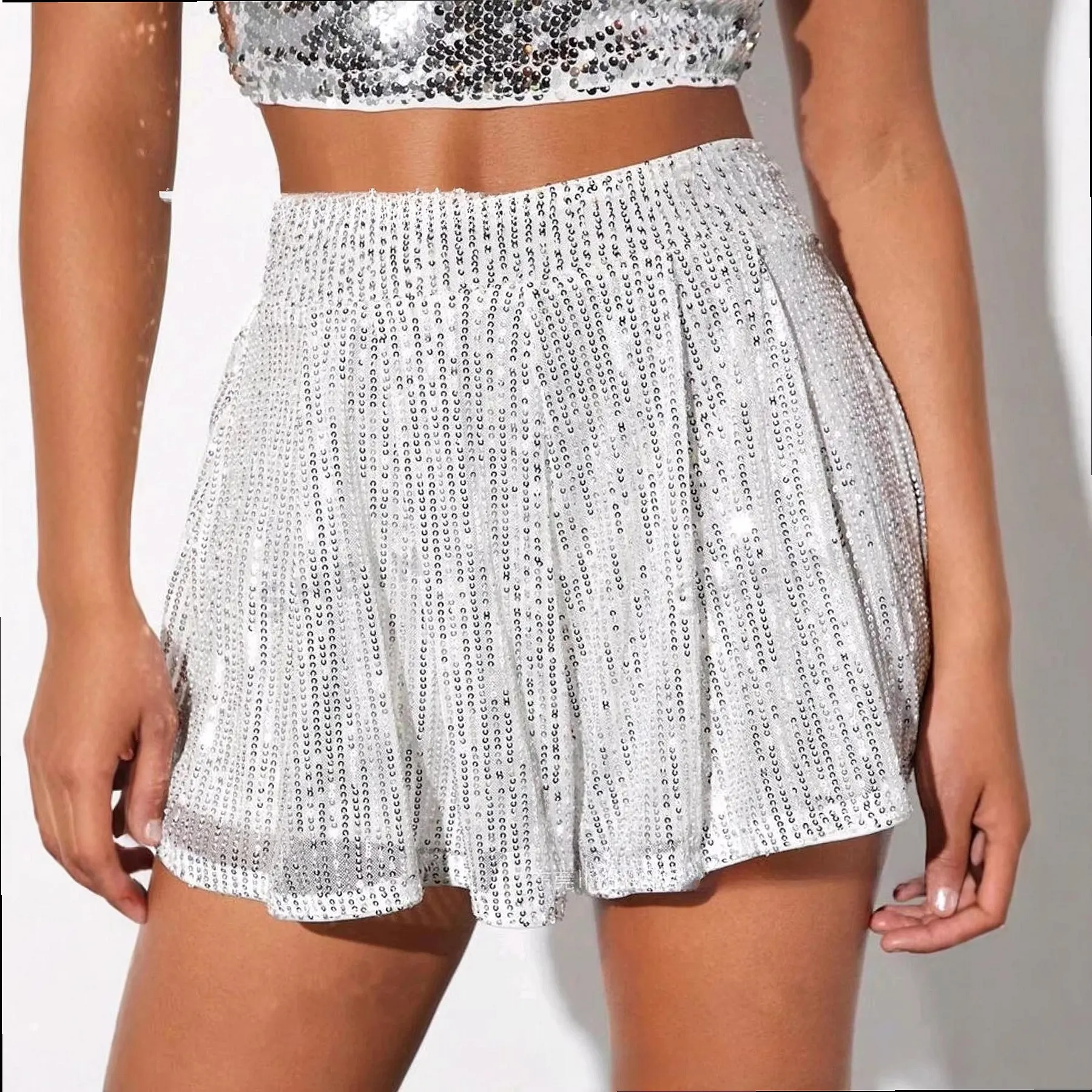 Women Sparkly Sequin Shorts Glitter Pants Skorts Summer Spring