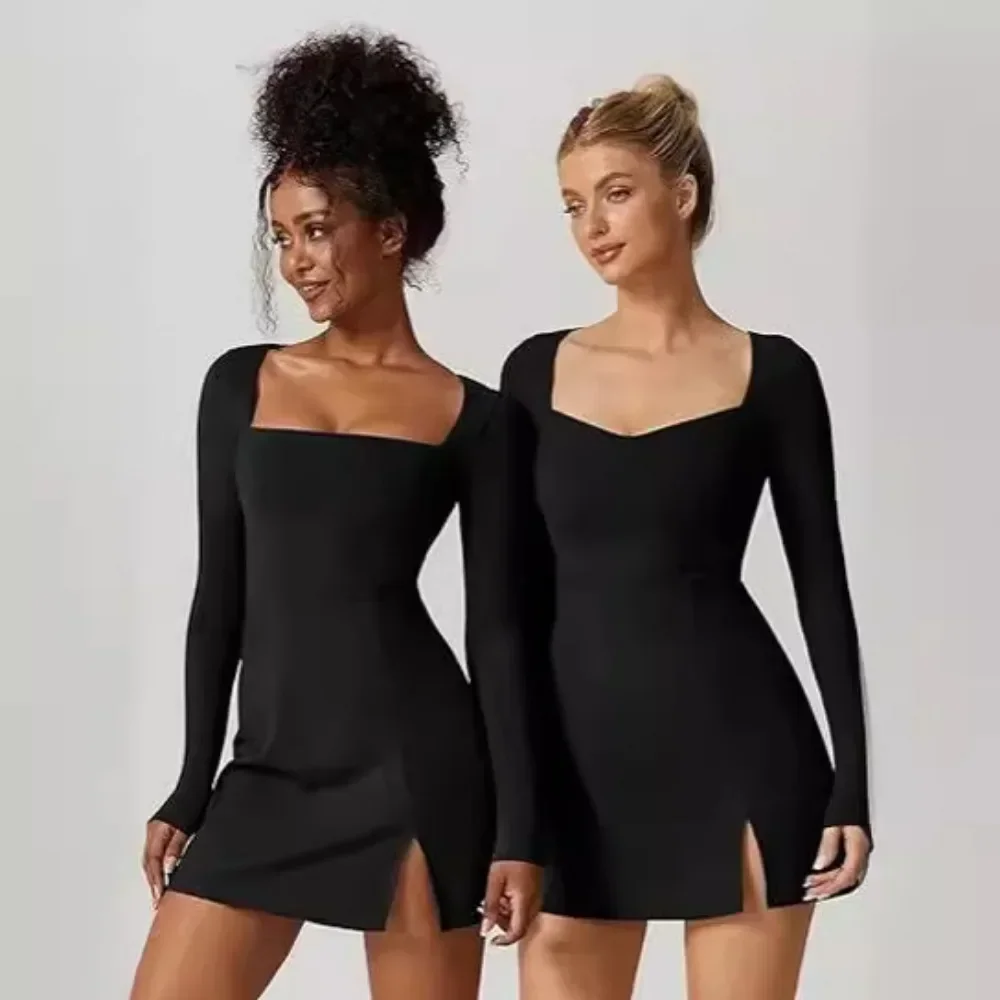 

Women Spring Summer Solid Color Casual Basic Long Sleeve Square Neck High Split Hem Party Short Mini A-Line Dress