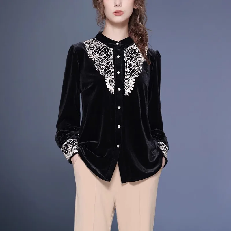 

Women' Long Sleeve Stand Collar Black Velour Shirt With Lace Applique Fall Winter Button-down Top Casual Vintage Blouses