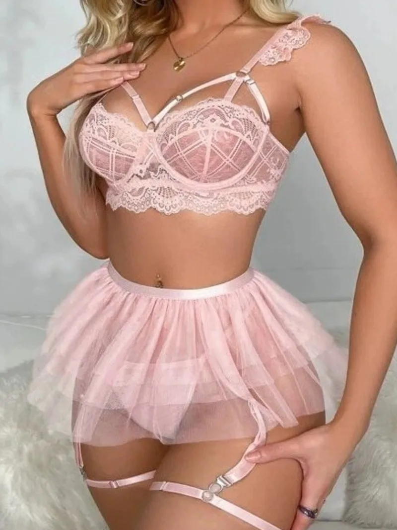 New High-end Quality New Sexy Skirt Sets Elegant Transparent Mesh Backless Deep V Suspenders Sleeveless Skirt Sets Charming B498