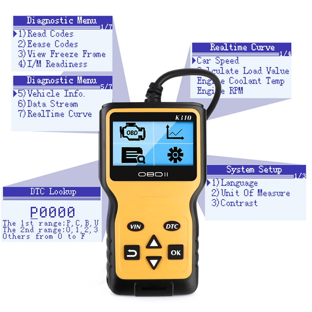 OBD2 Code Reader OBDII Scanner 16 Pin K310 Car Diagnostic Tools Plug and Play Digital Display Universal