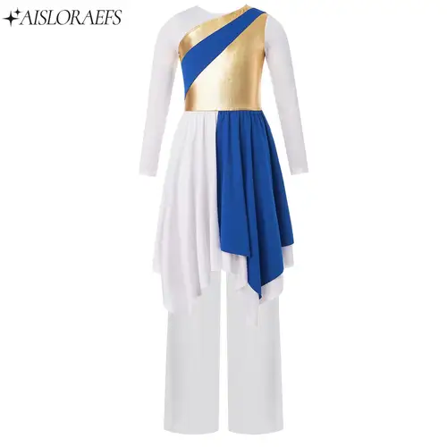 Traje de baile lírico litúrgico de alabanza para niñas, trajes de actuación de adoración de coro de iglesia, vestido metálico con dobladillo asimétrico + conjunto de pantalones