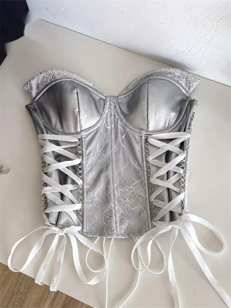 

Silvery PU Leather Camisole Ladies Lace Splice Lace Up Bodycon Sexy Club Tank Top Summer Strapless Edgy Y2K Corset Top