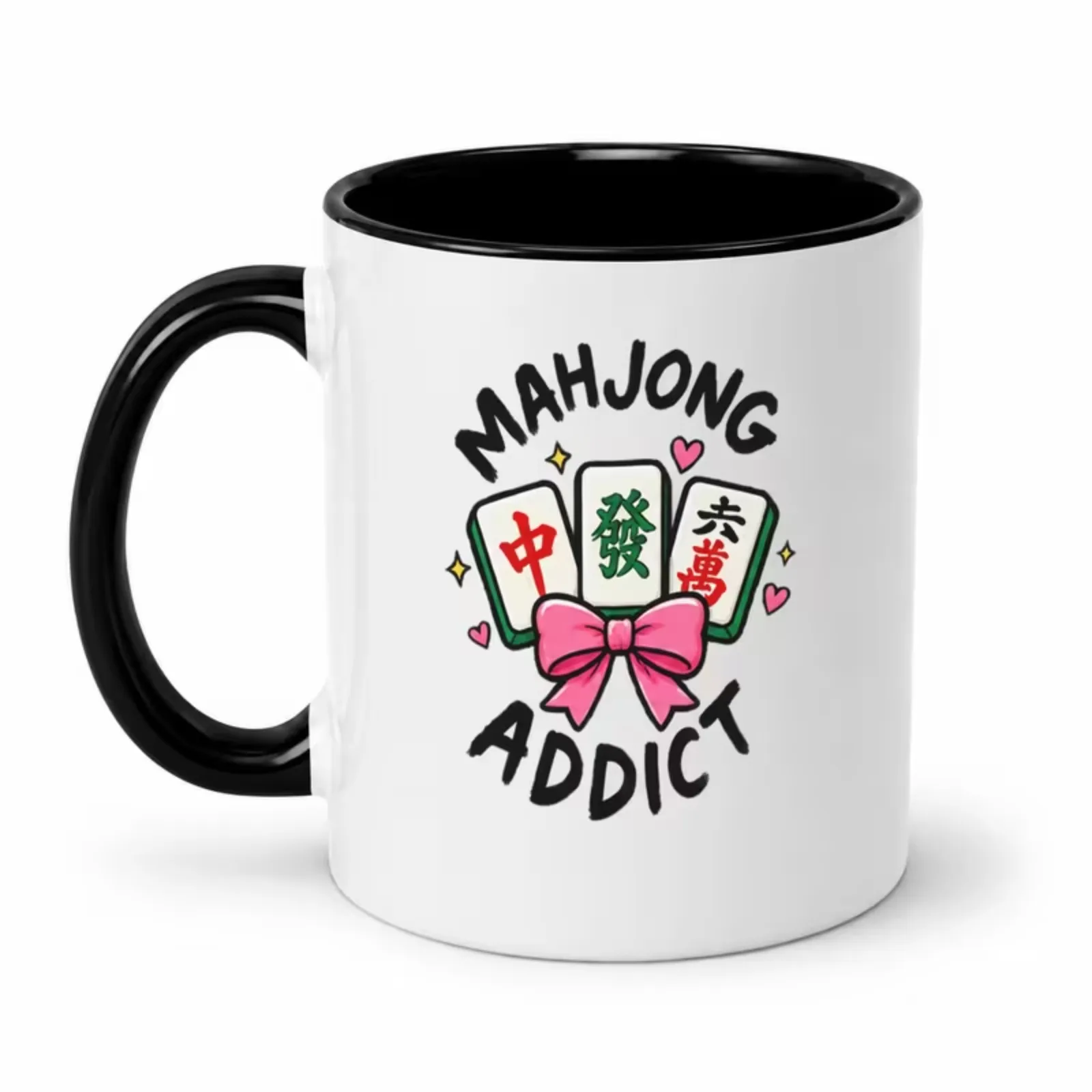 Mahjong Addict Ceramic Coffee Mug, Funny Mahjong Game Lover Cup, Black Inner Handle Novelty Tea Drinkware Gift