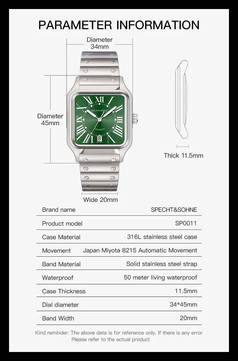 Montre mécanique automatique SpecPrint& Sohne pour homme, saphir vert, acier inoxydable, montres de haute qualité, nouveau, 34mm, 2024