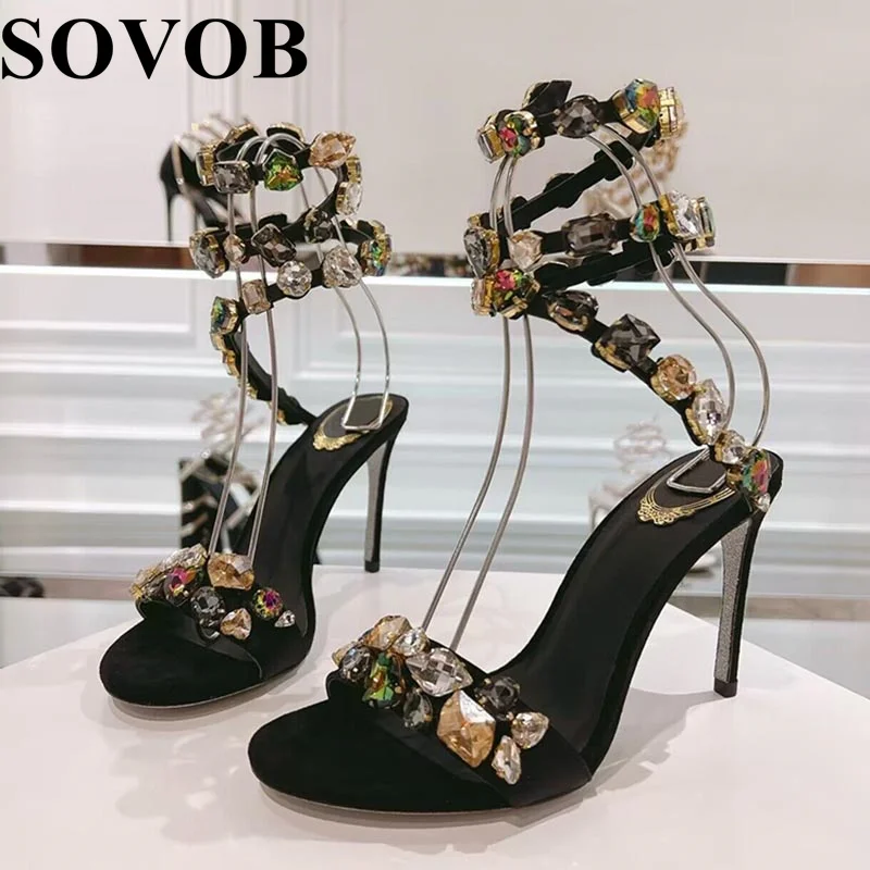 

Summer Real Leather Bling Bling Crystal High Heeled Sandals Women Open Toe Elastic Ankle Strap Sandalias Sexy Party Dress Shoes