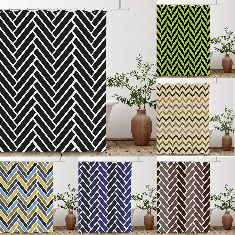 Modern Stripe Geometric Shower Curtains Waterproof Fabric Bath Curtains For Bathroom Bathtub Large Wide Bathing Cover With Hooks