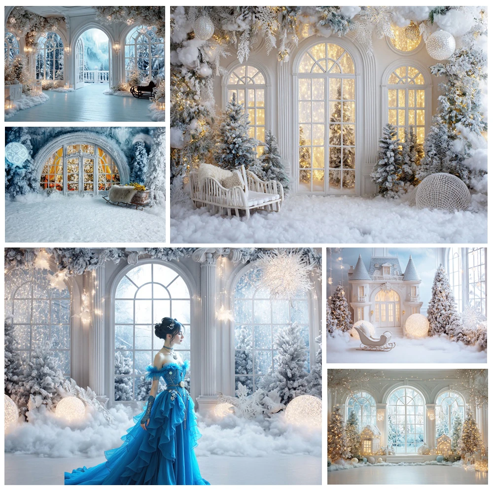 

MOON.QG White Christmas Photo Background Arched Windows Sleigh Winter Wonderland Photography Backdrop Wedding Accessories Studio