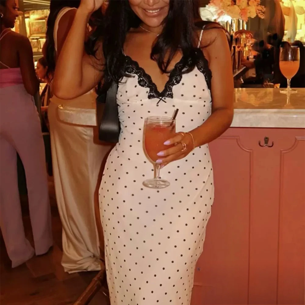 KONDALA Elegante Chic Retro Abito a Pois da Donna in Pizzo con Scollo a V Lungo Cami Dress Nuova Moda Estate Casual Party Data Mujer Dress