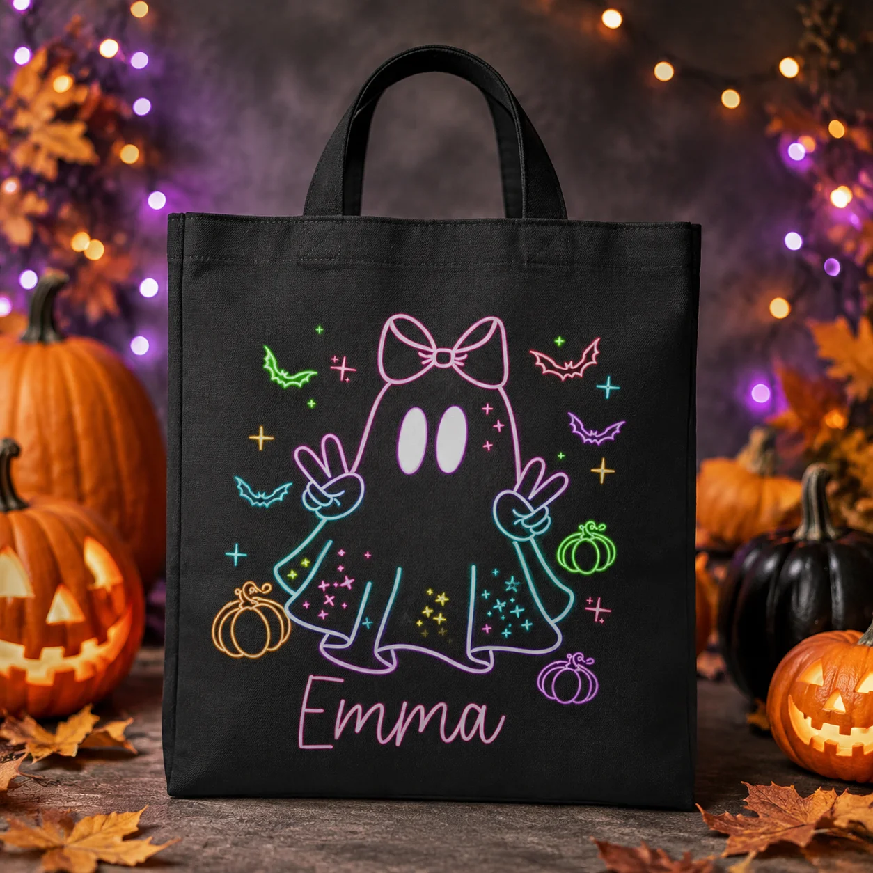 Custom Halloween Canvas Bag Spooky Pumpkin Skull Custom Name Logo Text Large Shopping Gift Handbag For Women Family Party Gifts