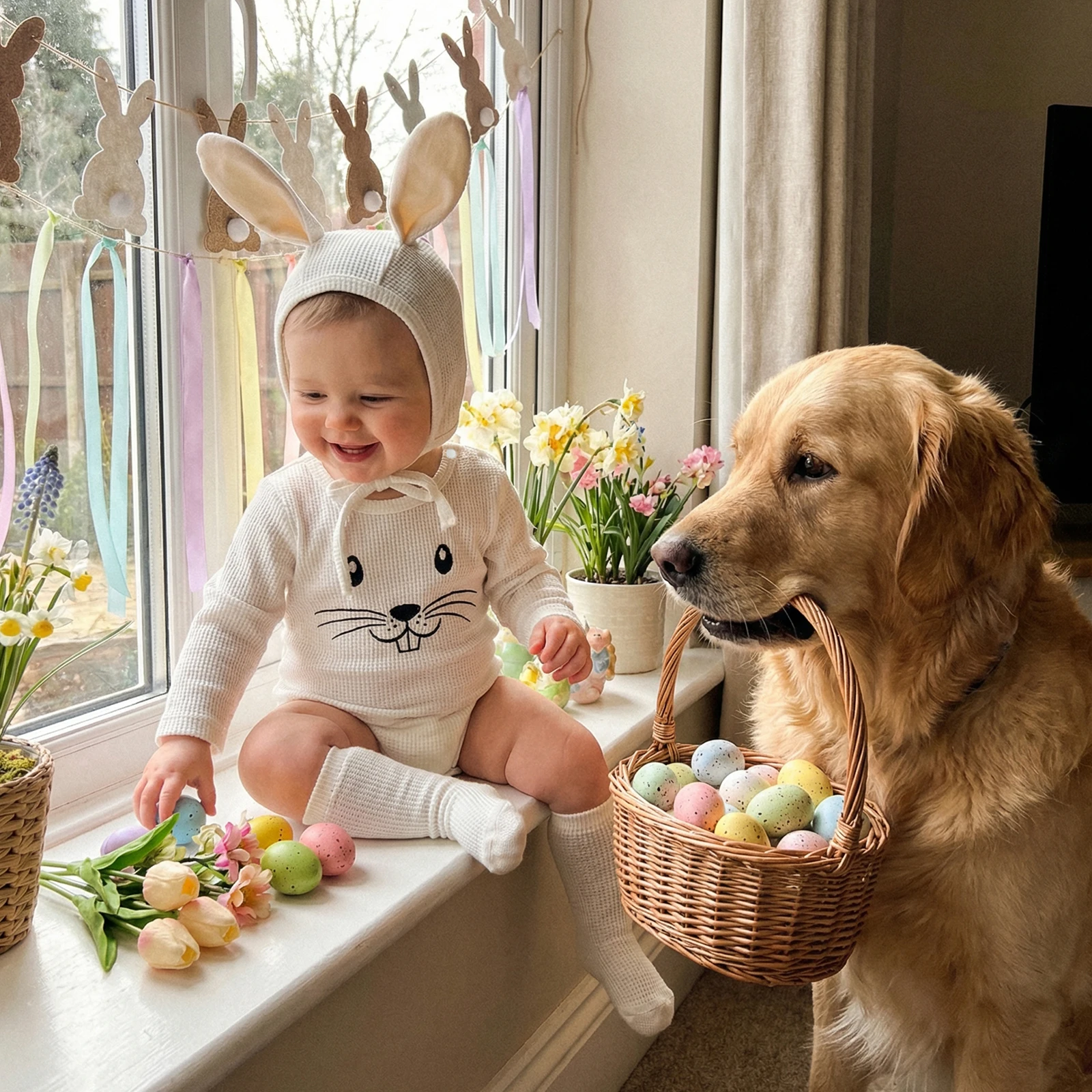 

Infant Baby Boys Girls Easter Romper Outfits, Long Sleeve Crew Neck Cartoon Rabbit Embroidery Romper with Bunny Ear Hat Socks