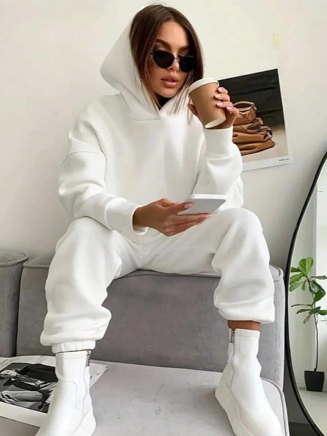 

White Oversized Hooded Sweatshirt and Jogger Pants Set for Women