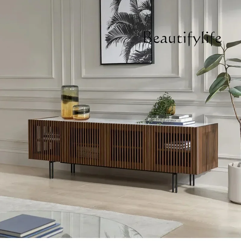 

Black Walnut Simple Grid TV Cabinet Solid Wood Living Room Stone Plate Audio-Visual Creative Design Storage Cabinet