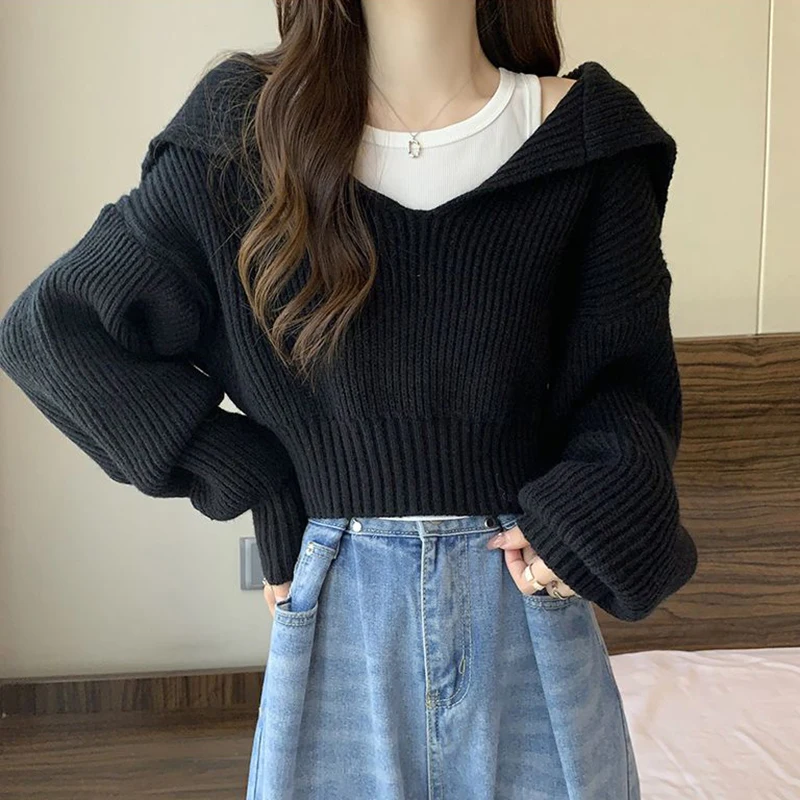 Rimocy Turn Down Collar Cropped Sweater Women Autunm Winter Long Sleeve Knitted Jumper Woman Korean Style Solid Color Jerseys