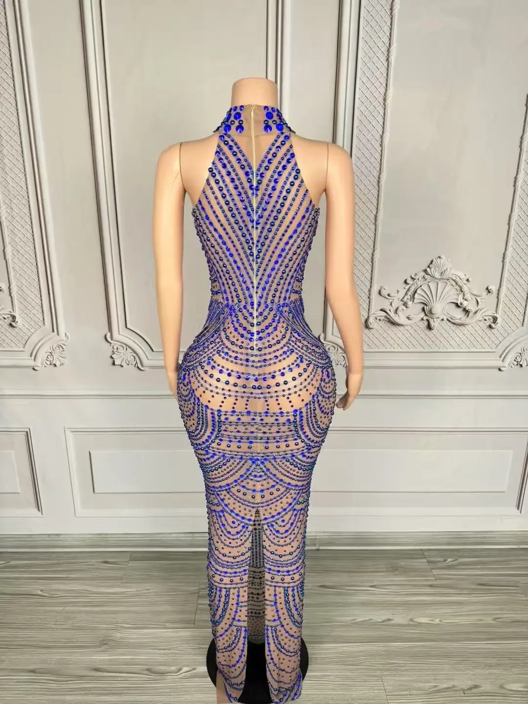 Luxury Pearl Chain Blue Black Nude  Rhinestones Dress Women Sexy Mesh Dress Singer Stage Wear Wedding Birthday Photoshoot Dress