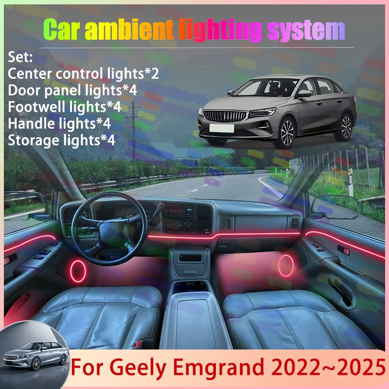 

Для Geely Emgrand 2022 ~ 2025 SS11 MK5 Proton S70 2/24 в 1, автомобильная атмосферная лампа, RGB абажур, ансамбль, стример, атмосферный набор
