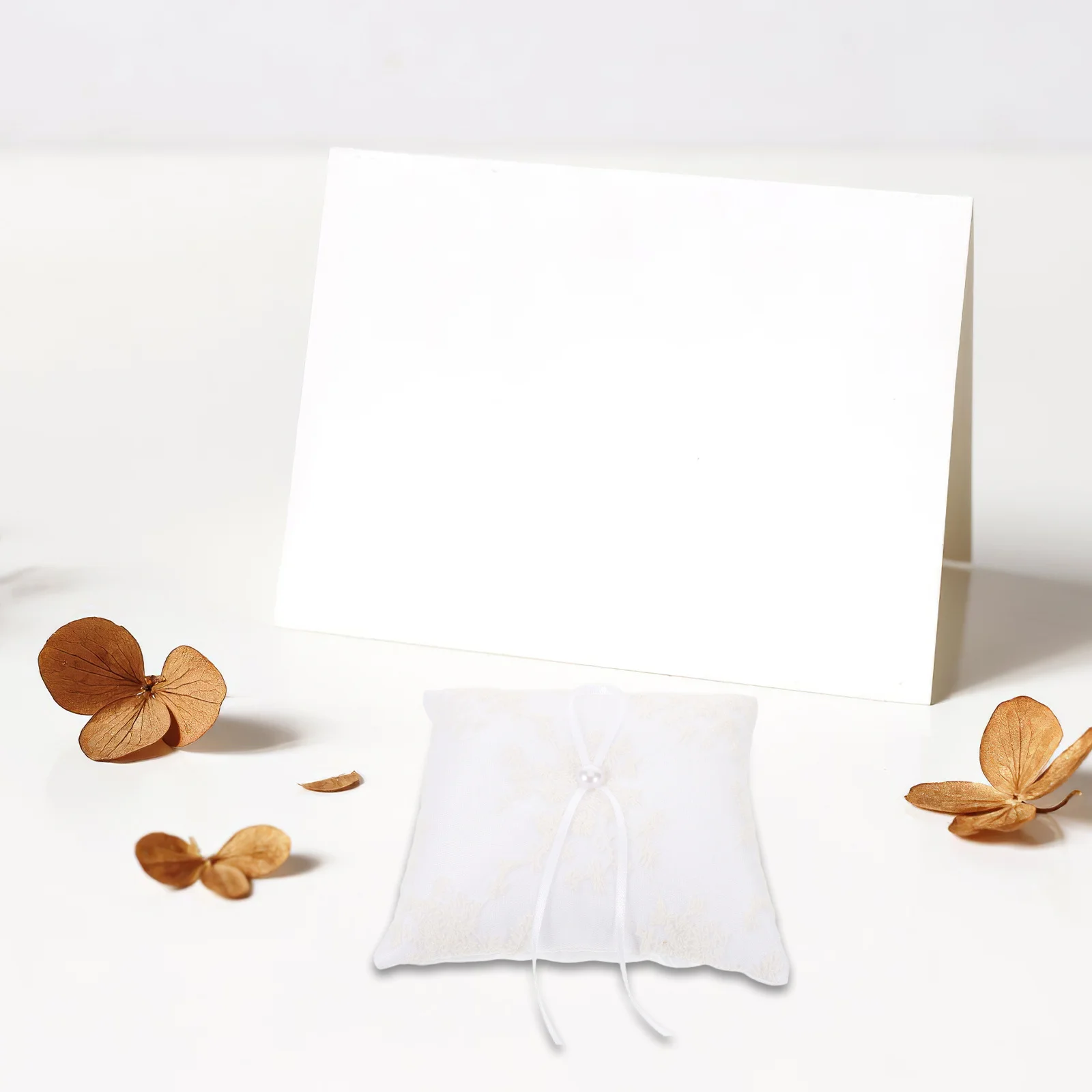 

Bridal Ring Pillow Satin White Embroidered Flower European Design Wedding Ring Holder Ceremony Prop Pearl Accent Wedding