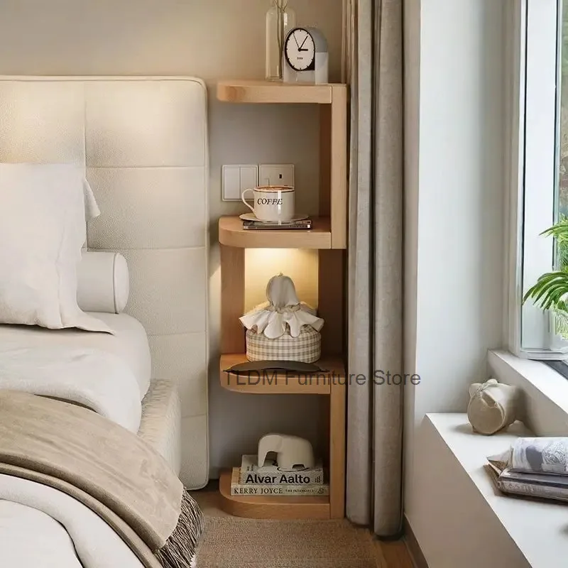 Narrow Solid Wood Bedside Shelf Space-Saving Open Storage Rack, Scandinavian Minimalist Nightstand for Small Bedroom Living Room
