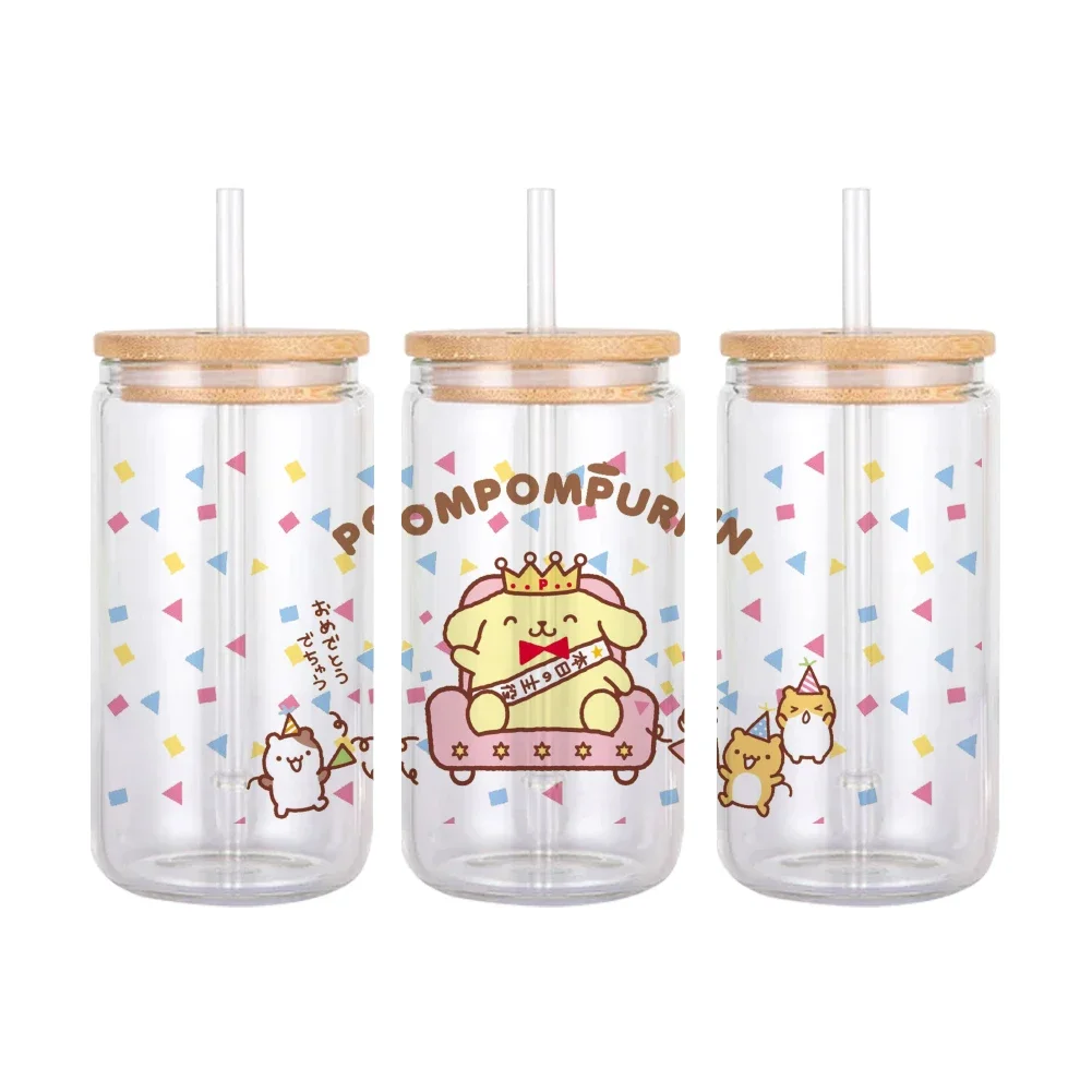 Cartoon Pom Pom Purin Sanrio Pattern UV DTF Sticker Waterproof For 16oz Glass Cup Wrap Stickers