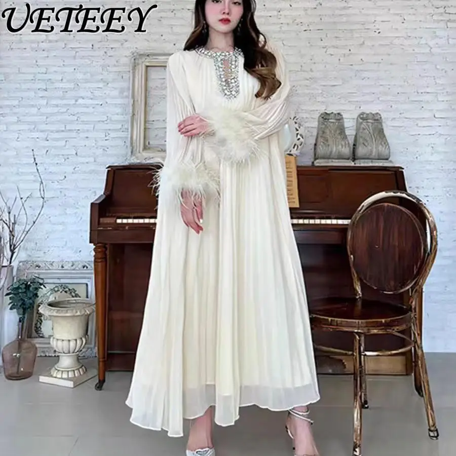 Fashion Temperament Celebrity Style Cuffs Ostrich Hair Decorative Dress Heavy Industry Neckline Diamond Loose Long Dresses