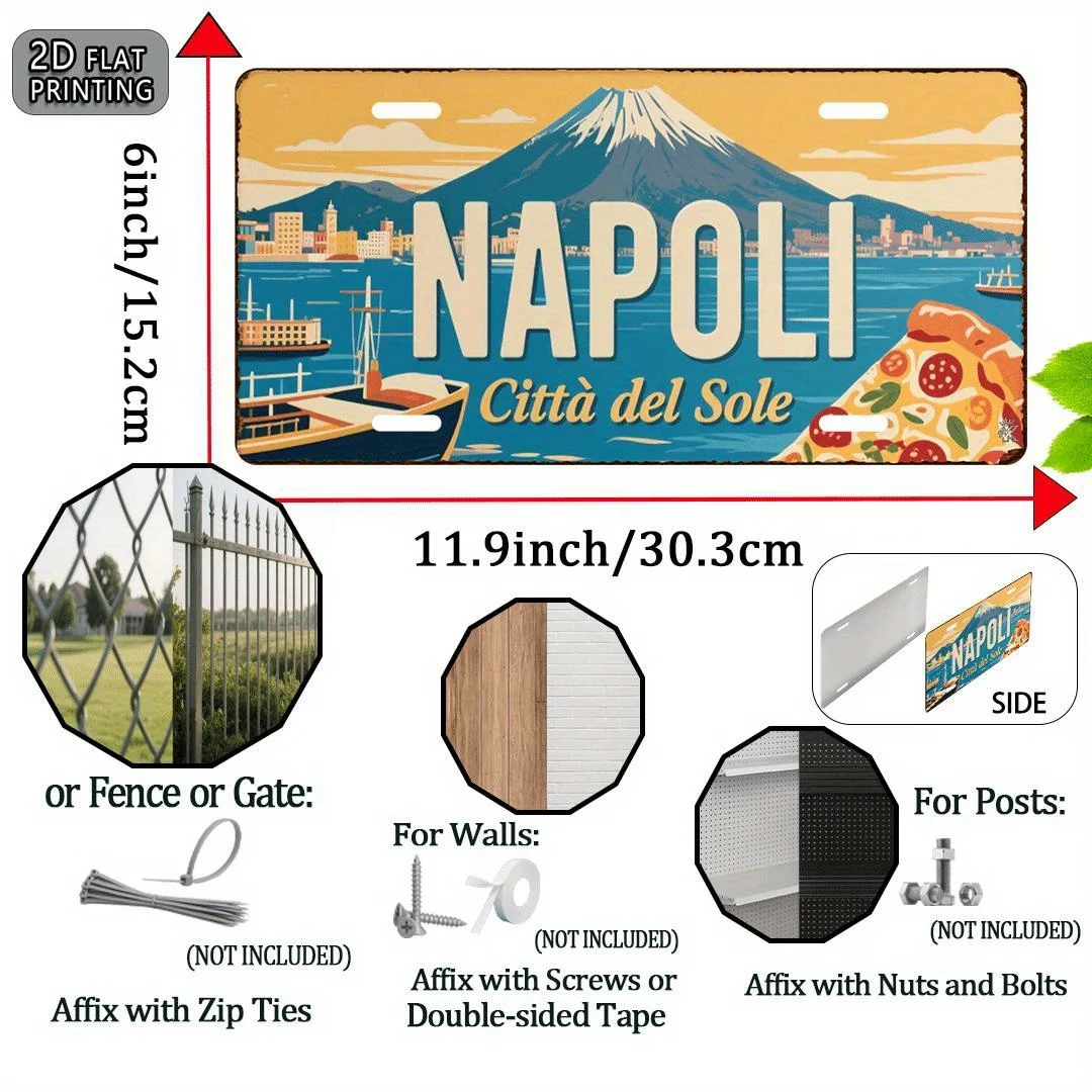 HD Aluminum Metal Sign, Napoli Città del Sole Vintage License Plate Style Wall Decor, Retro Naples Italy Coastal City Pizza Vesu
