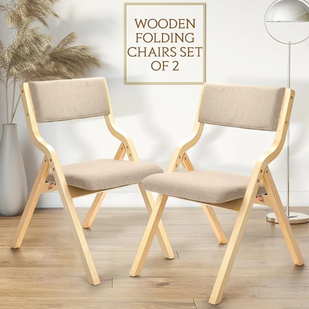 Wooden folding chair 2 folding dining chairs Folding chair with padded seat and removable lid  (beige)