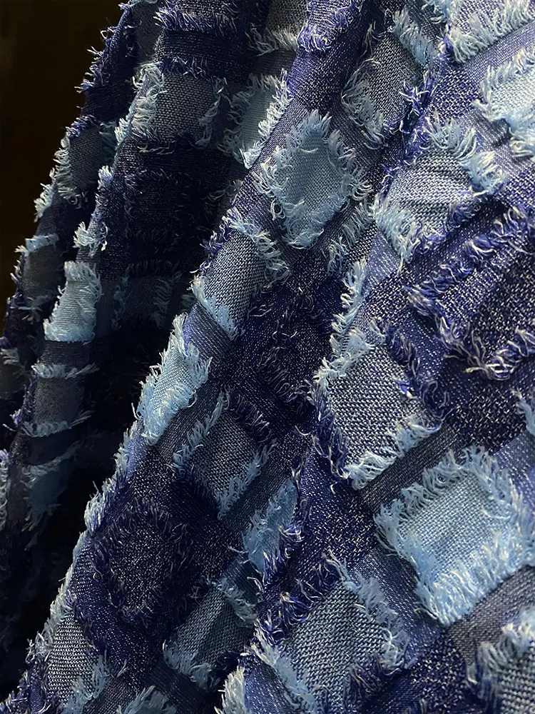 Soft Draping Blue Fringe Plaid Jacquard Designer Fabric with Flowing Texture for Jacket Sewing and Alternative Urban Wardrobes