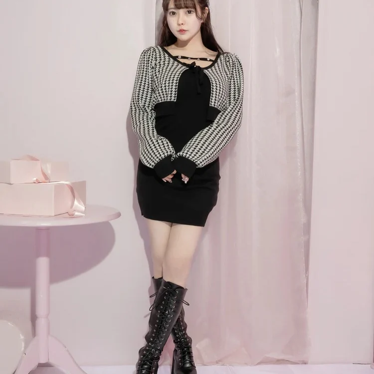 Vestido cárdigan de punto dulce japonés para niña, conjunto de 2 piezas, conjunto de vestido de punto elegante adelgazante para primavera y otoño