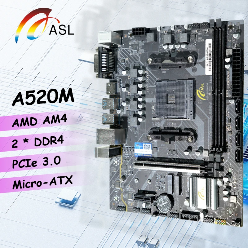 

ASL A520M D4 AMD A520 AM4 Материнская плата Micro-ATX для AMD Ryzen 3 5 7 9 5600X 5700X 5500 3600 Процессор DDR4 NVMe M.2 PCIe 3.0