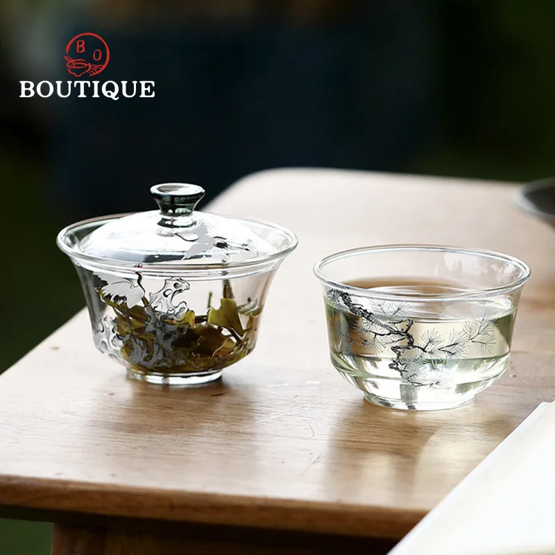 Pine And Crane Gaiwan Original Glass Tea Bowl Chawan Heat-Resistant Handmade Kung Fu Set Tea Cup Tool Gai Wan Cover Maker 200ml view 6